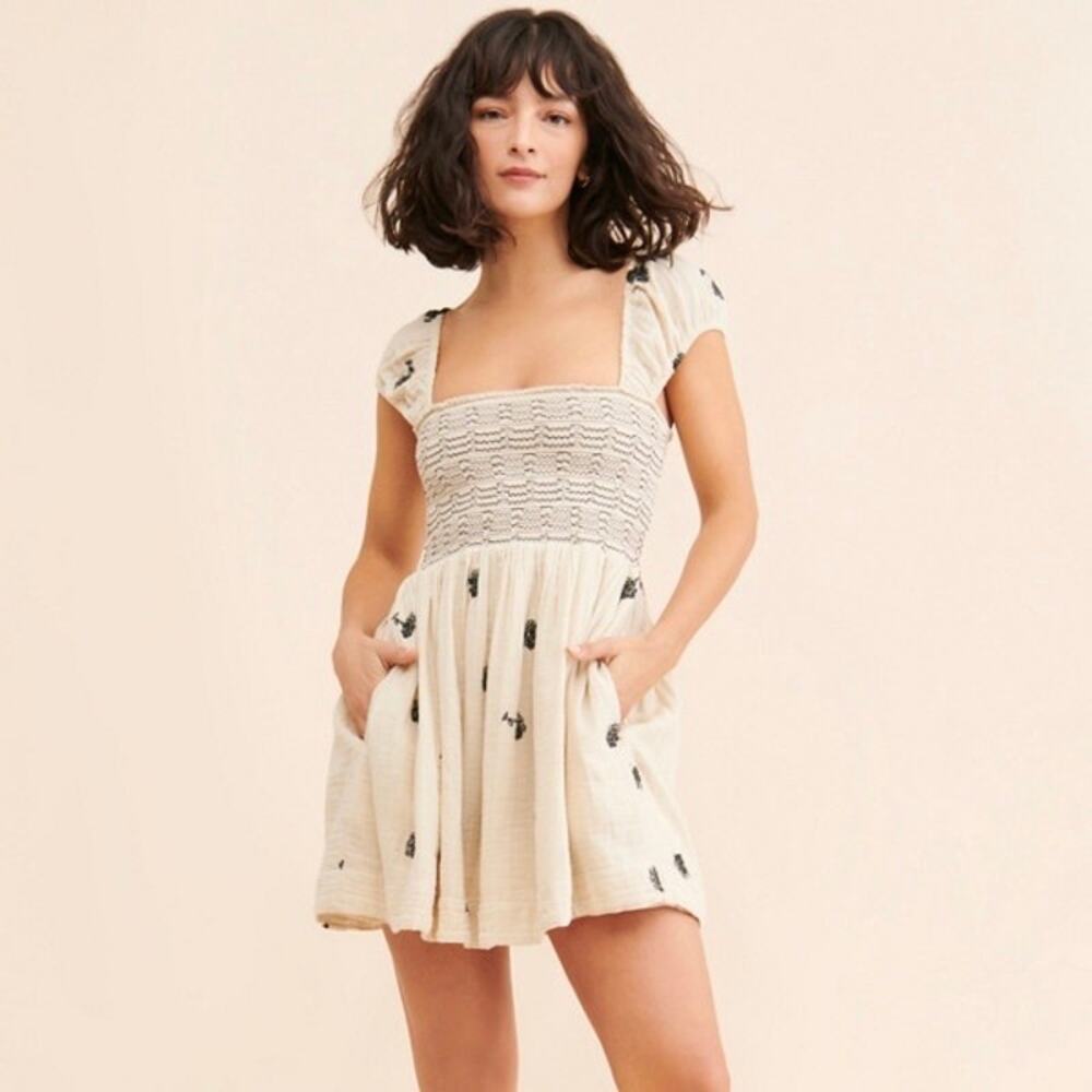 FREE PEOPLE Tory Embroidered Mini Dress Ivory Black Small S